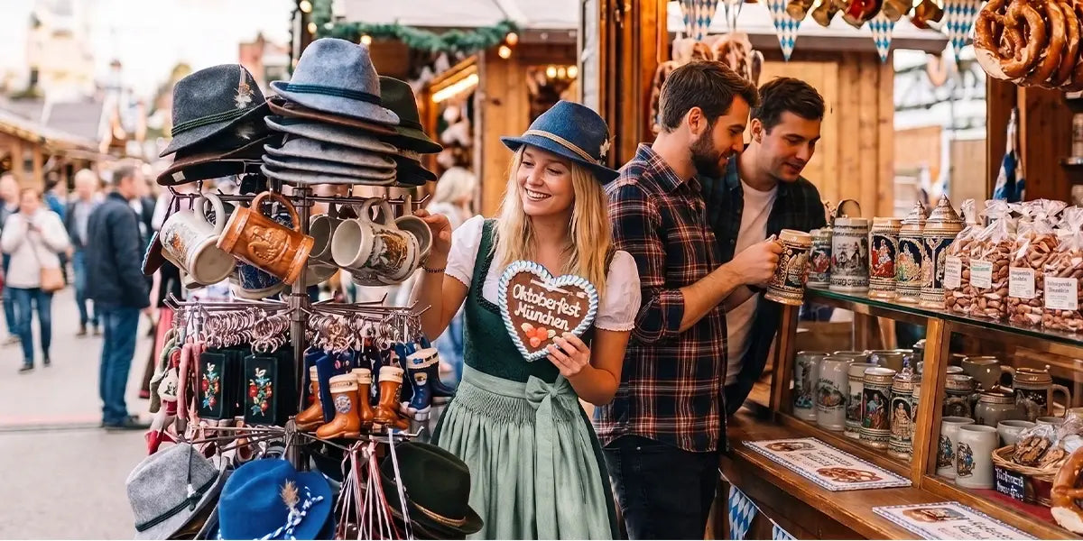 Visitors shopping for traditional Oktoberfest souvenirs, Bavarian hats, beer steins, and festive treats at Oktoberfest booths.