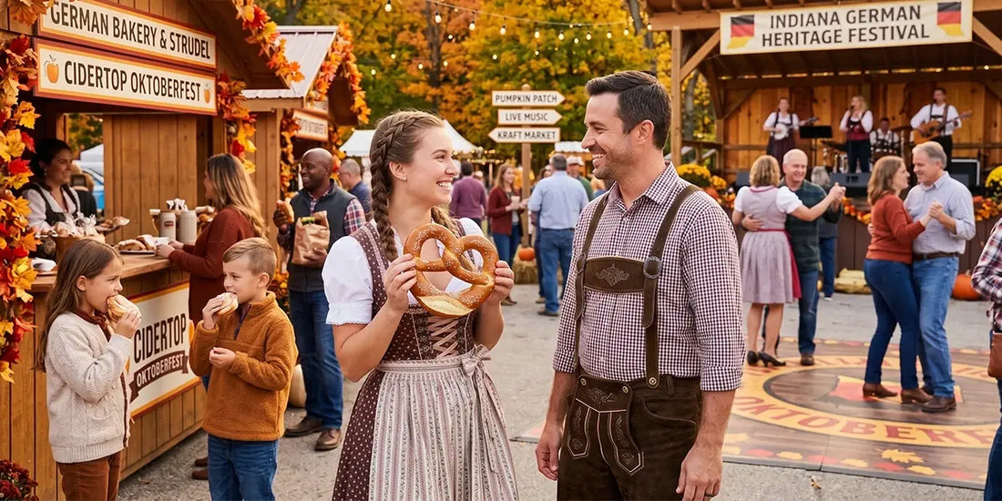 Visitors celebrating Indiana Oktoberfest with traditional dirndls, lederhosen, Bavarian pretzels, live music, and German festival booths.