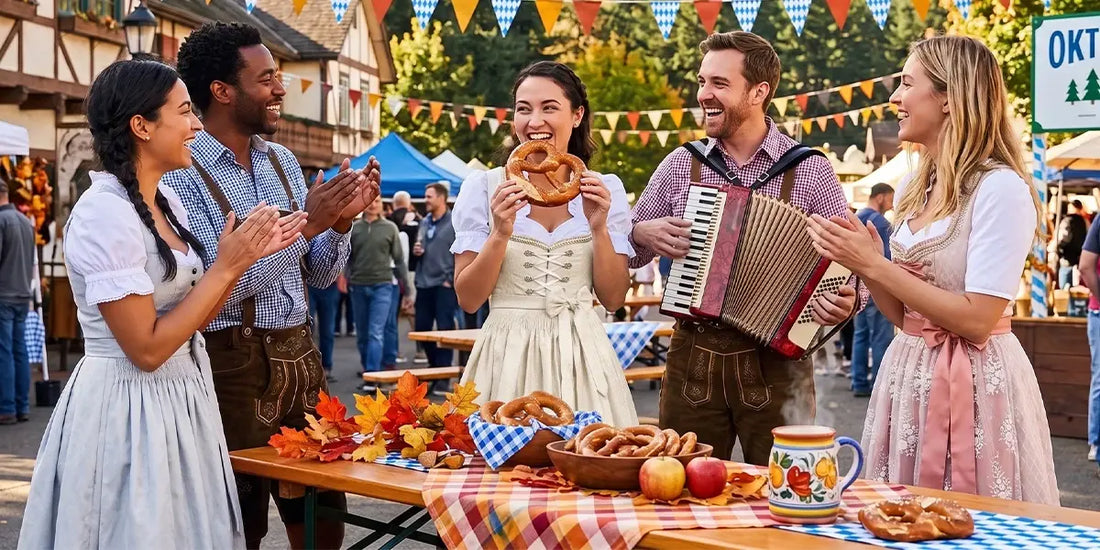 Friends celebrating Oktoberfest in Oregon with traditional dirndls, lederhosen, Bavarian pretzels, and live accordion music.