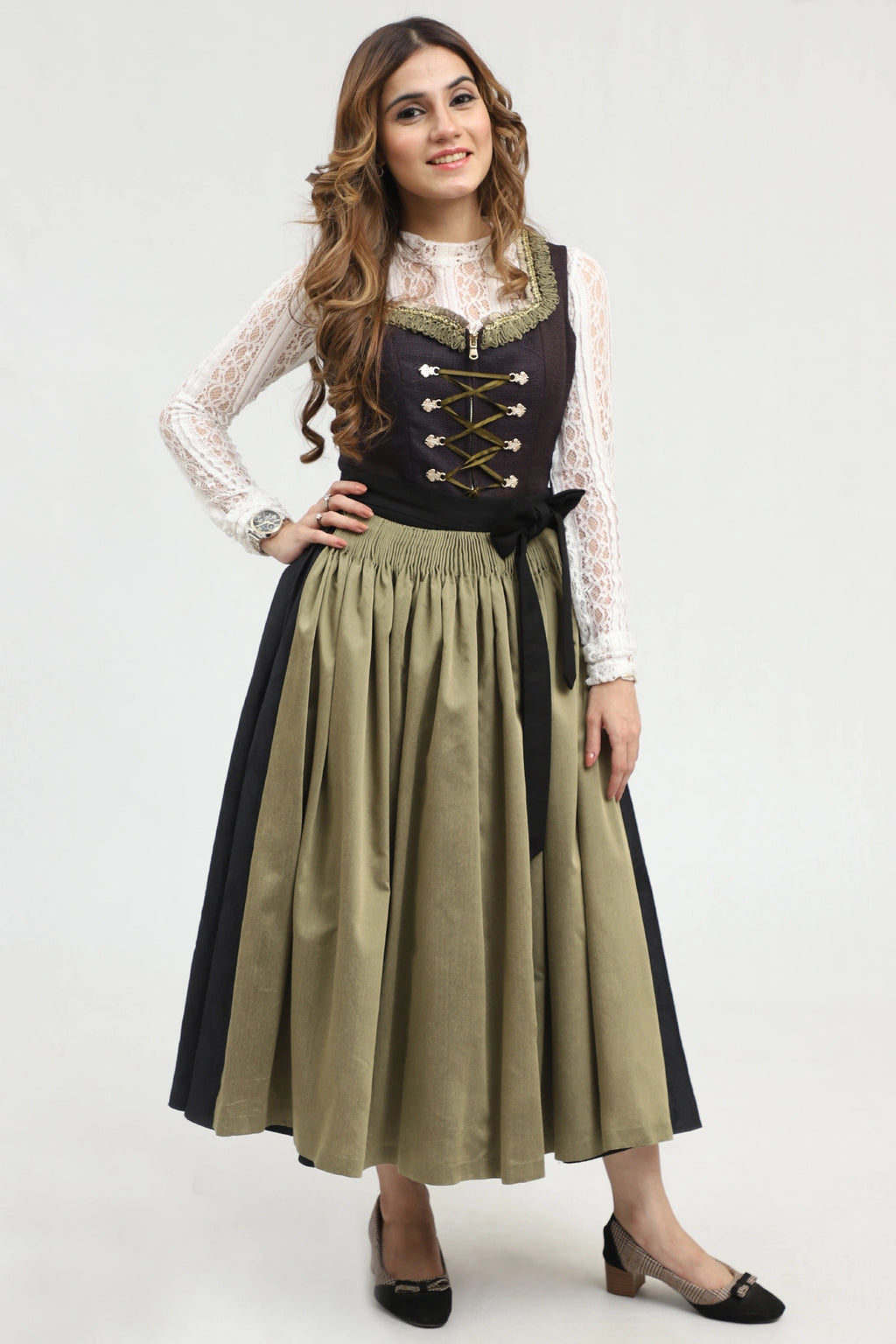 Authentic Dirndl for Oktoberfest in Black Color and Green Apron