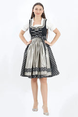 Classic black Bavarian dirndl with a shimmering silver apron, decorative ribbon-laced bodice, and white blouse inspired by timeless German traditional fashion