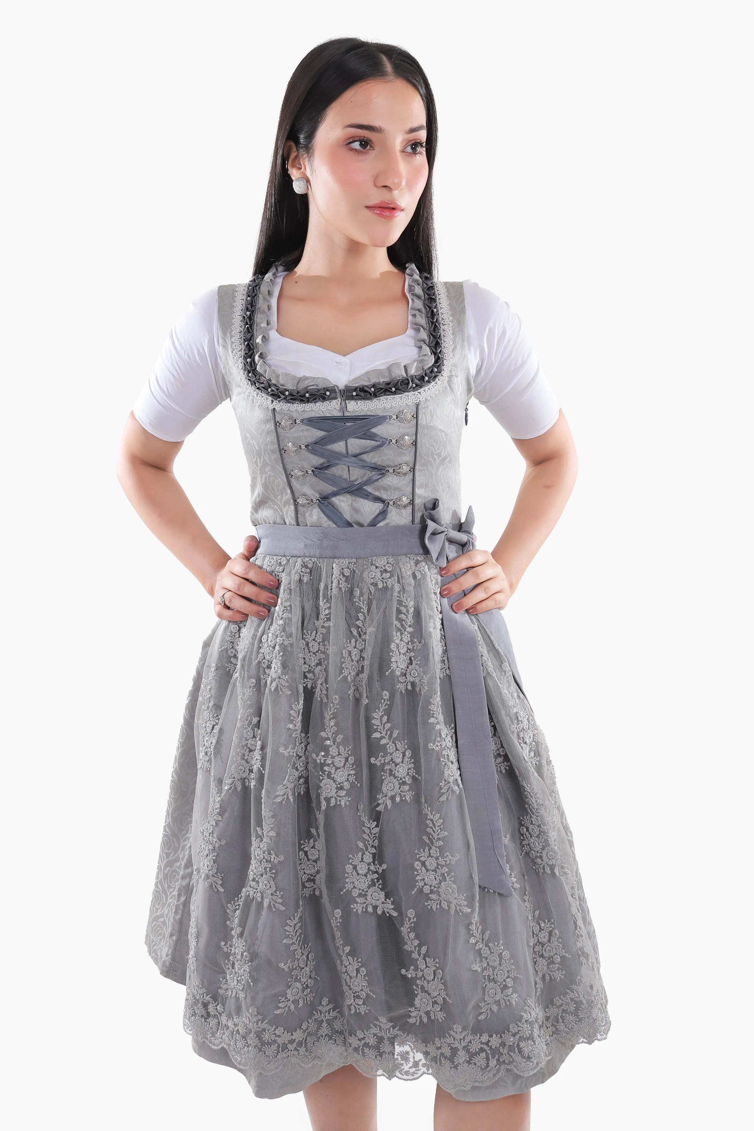 Midi Dirndl Dress Luxury Silver Grey Elegance