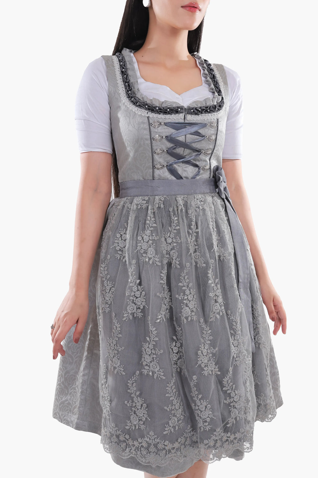 Midi Dirndl Dress Luxury Silver Grey Elegance