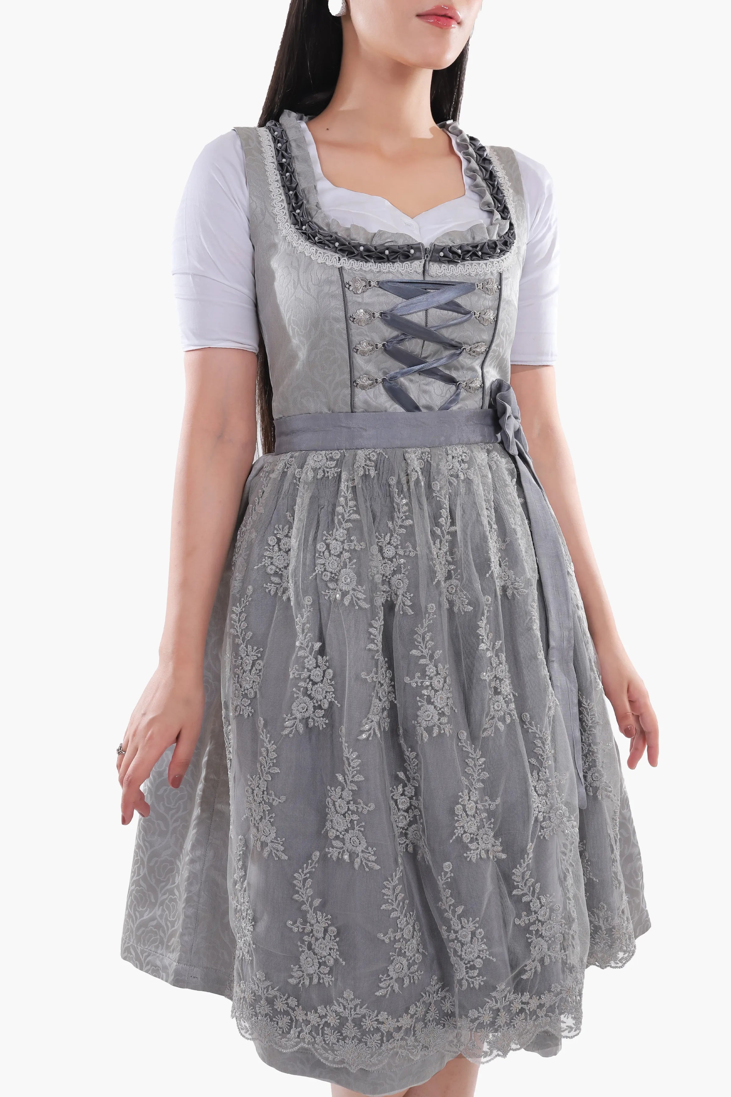 Midi Dirndl Dress Luxury Silver Grey Elegance