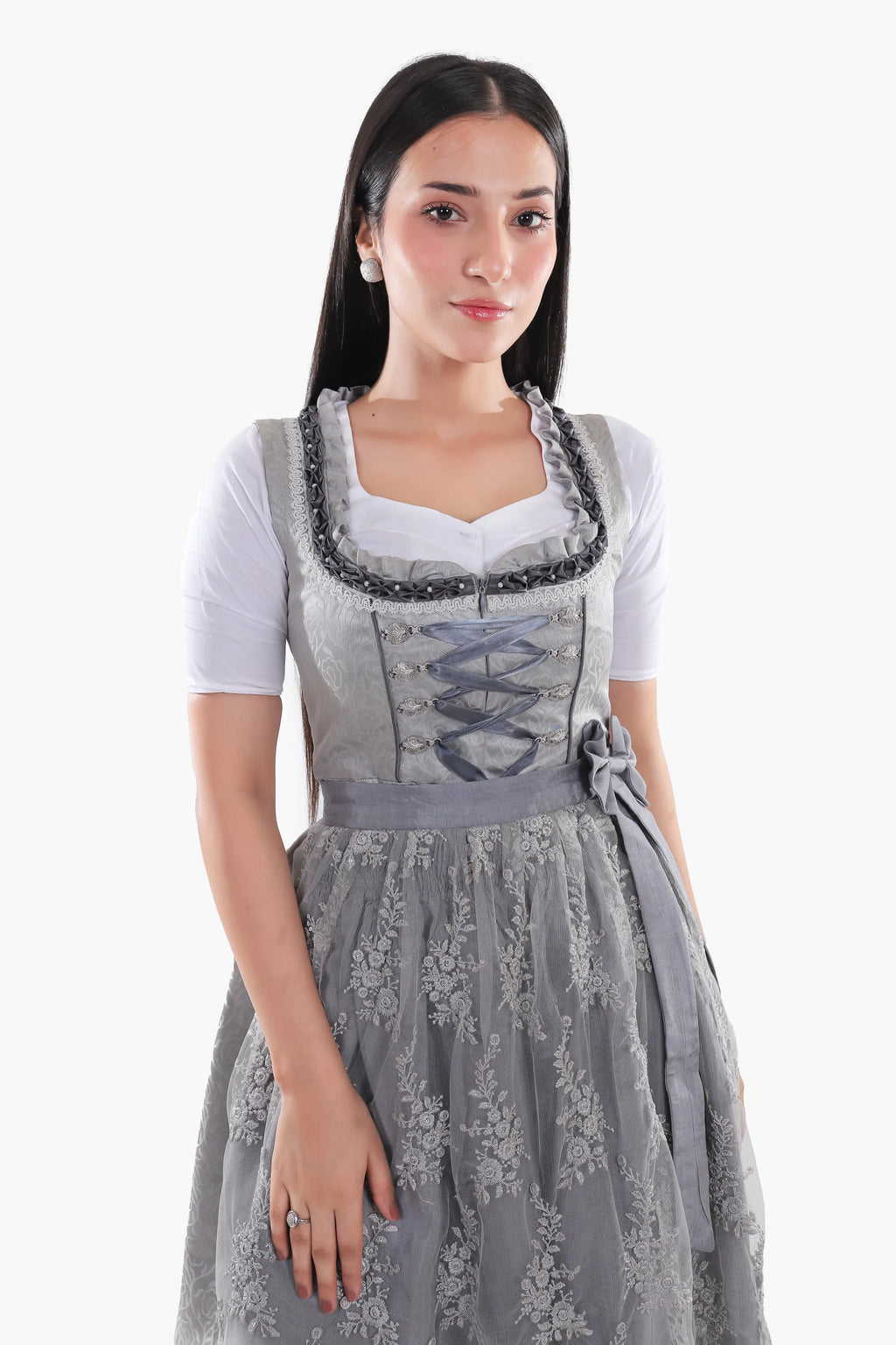 Midi Dirndl Dress Luxury Silver Grey Elegance
