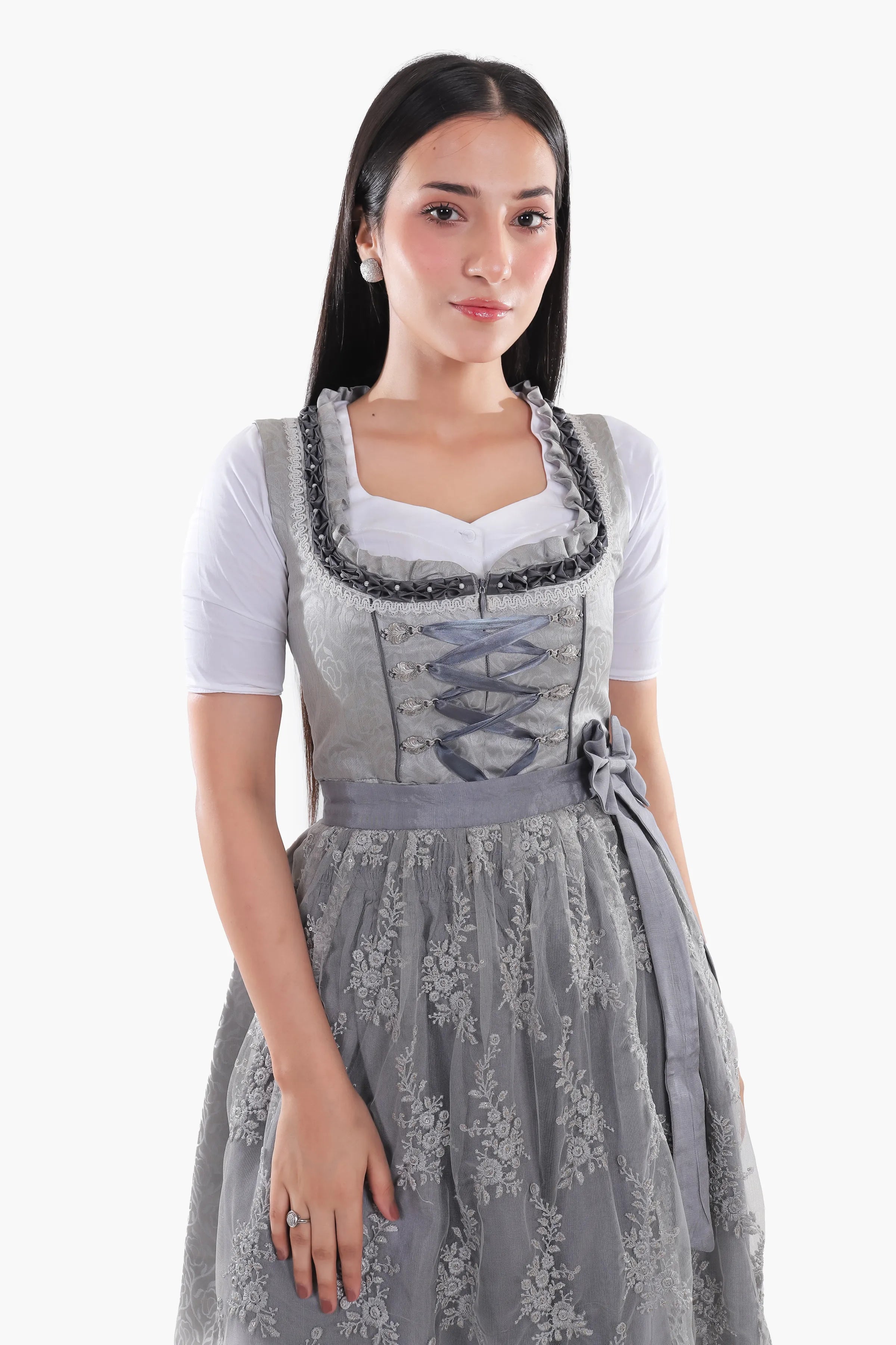 Midi Dirndl Dress Luxury Silver Grey Elegance