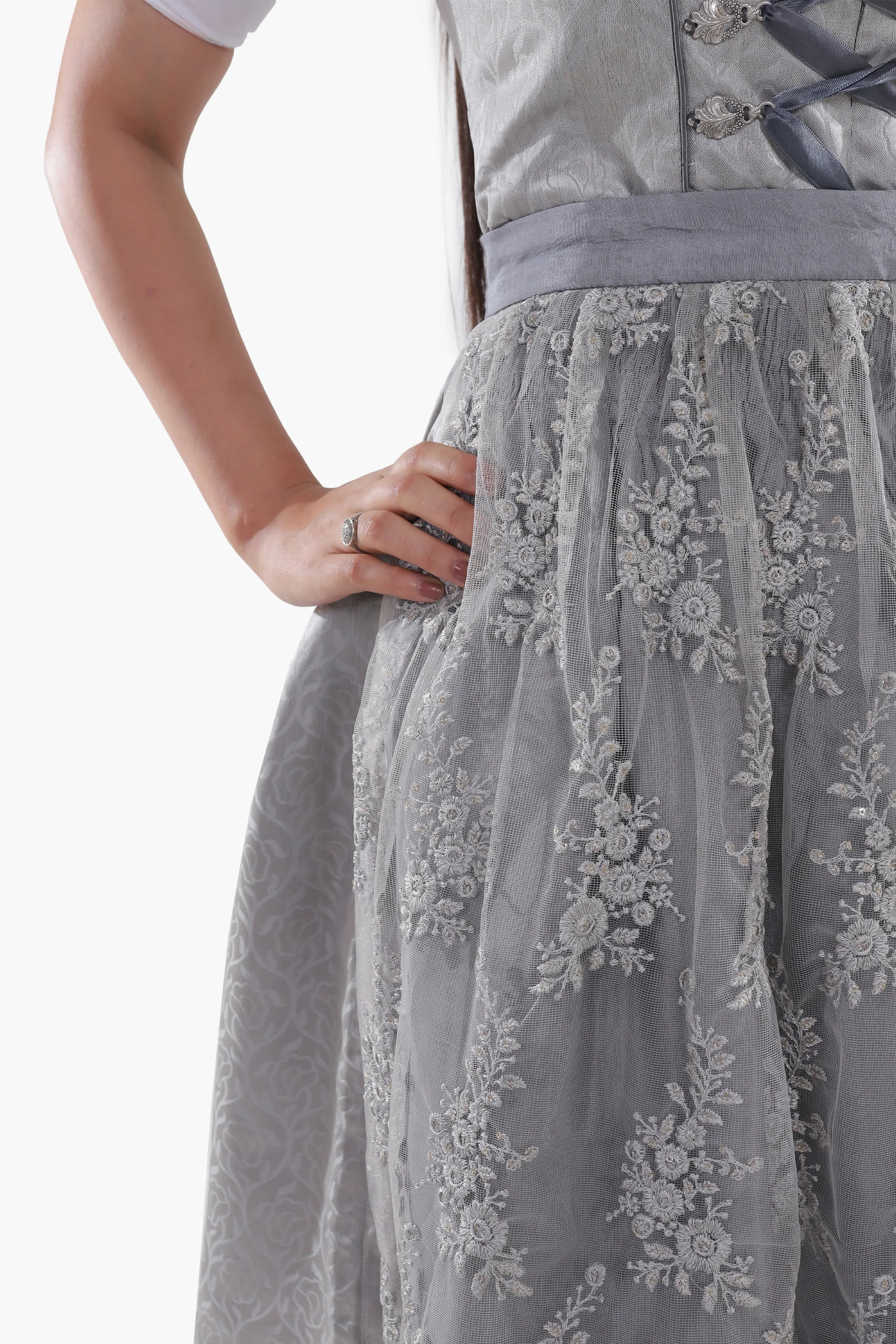 Midi Dirndl Dress Luxury Silver Grey Elegance