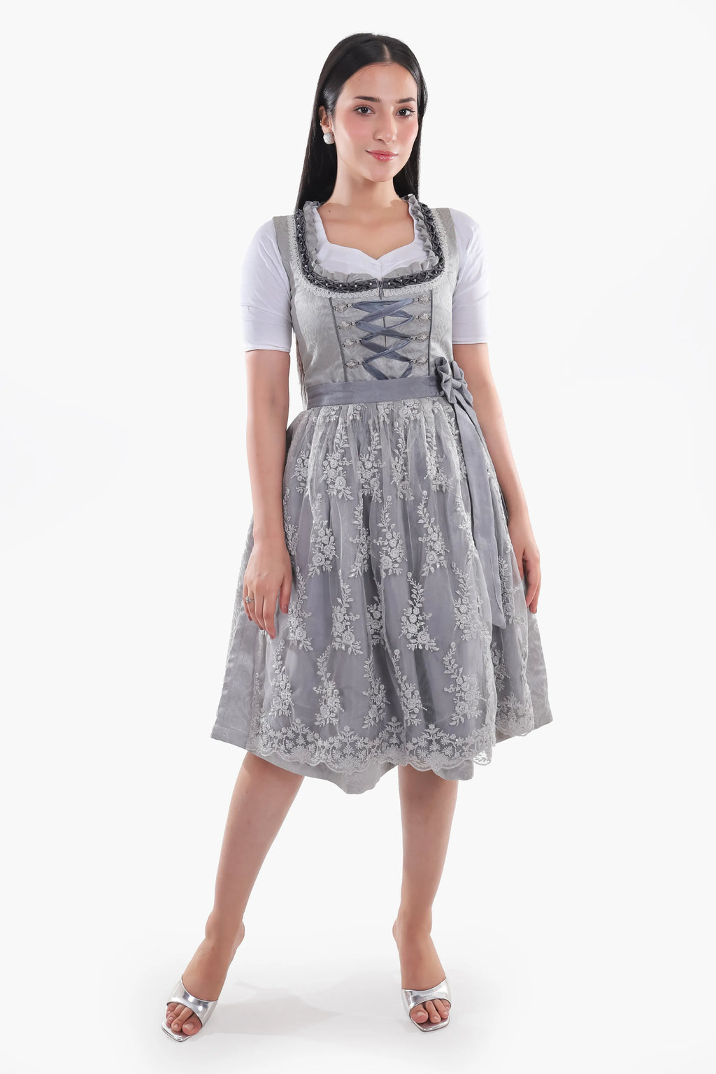 Midi Dirndl Dress Luxury Silver Grey Elegance