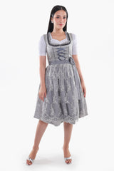 Luxury silver grey midi dirndl dress with delicate floral lace overlay, ribbon-laced bodice, and elegant Bavarian design for Oktoberfest celebrations