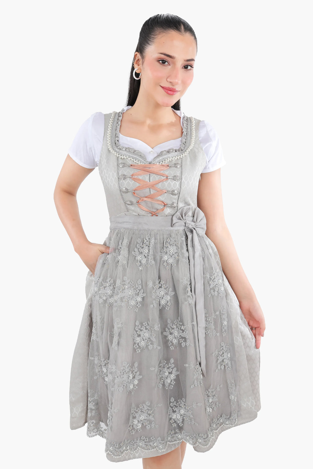 Timeless Bavarian Dirndl Attire Pearl Silver