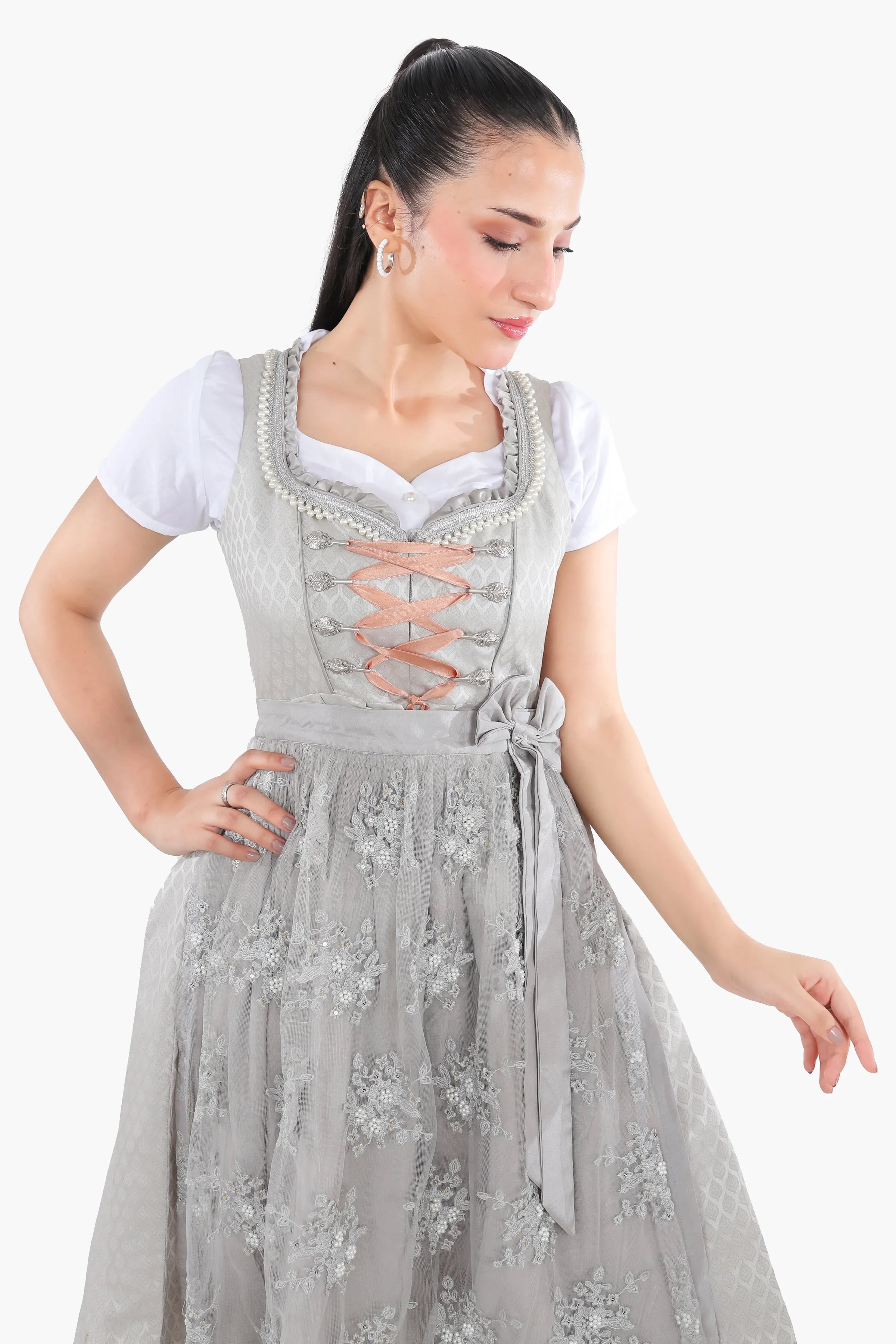Timeless Bavarian Dirndl Attire Pearl Silver
