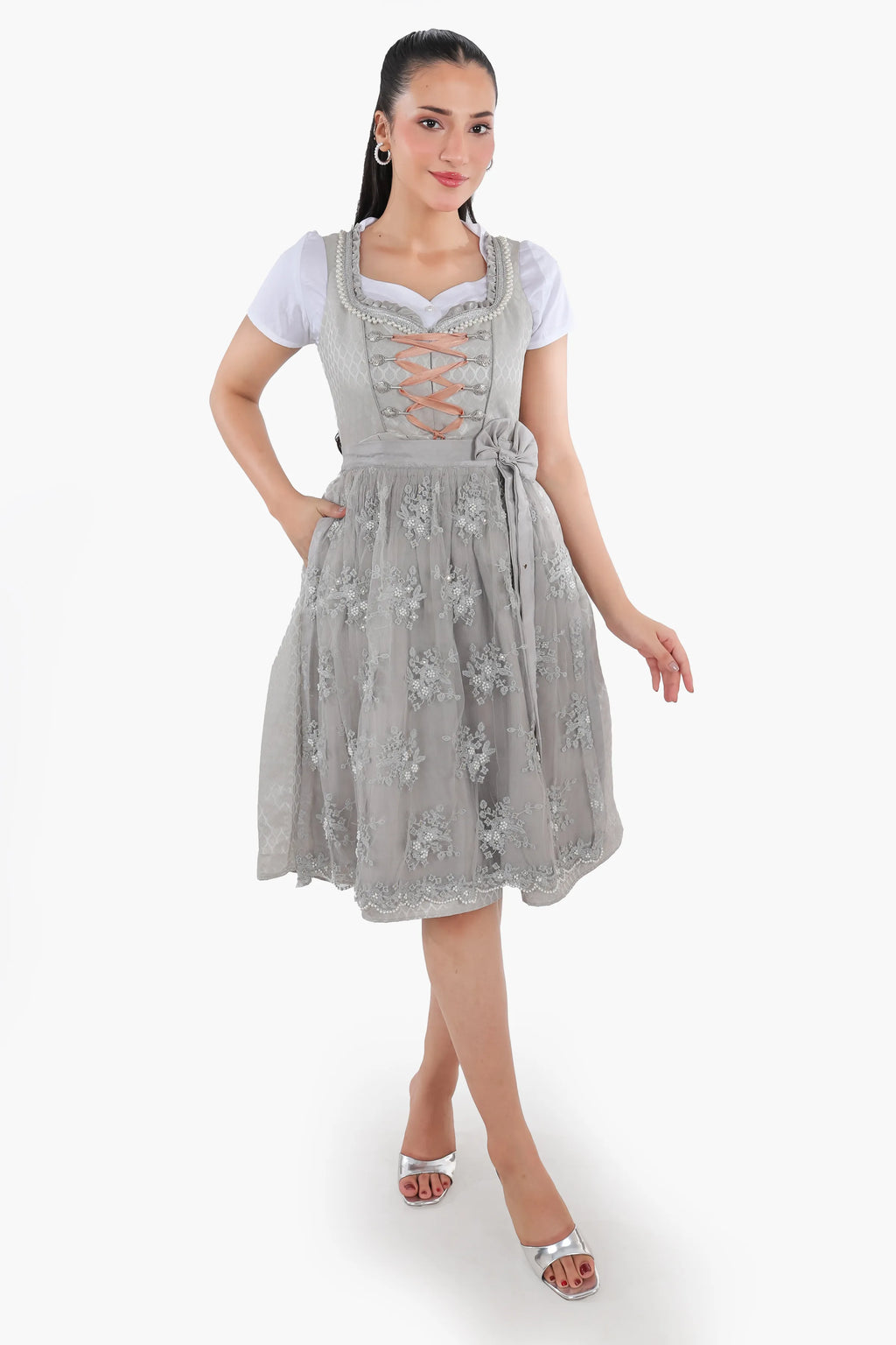 Timeless Bavarian Dirndl Attire Pearl Silver