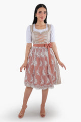 Rose gold midi dirndl dress with a blush pink lace apron, white dirndl blouse, and elegant Bavarian design for Oktoberfest and traditional festivals