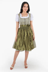 Elegant Bavarian midi dirndl in forest green with a shimmering olive apron, decorative button bodice, and white blouse for timeless German traditional wear