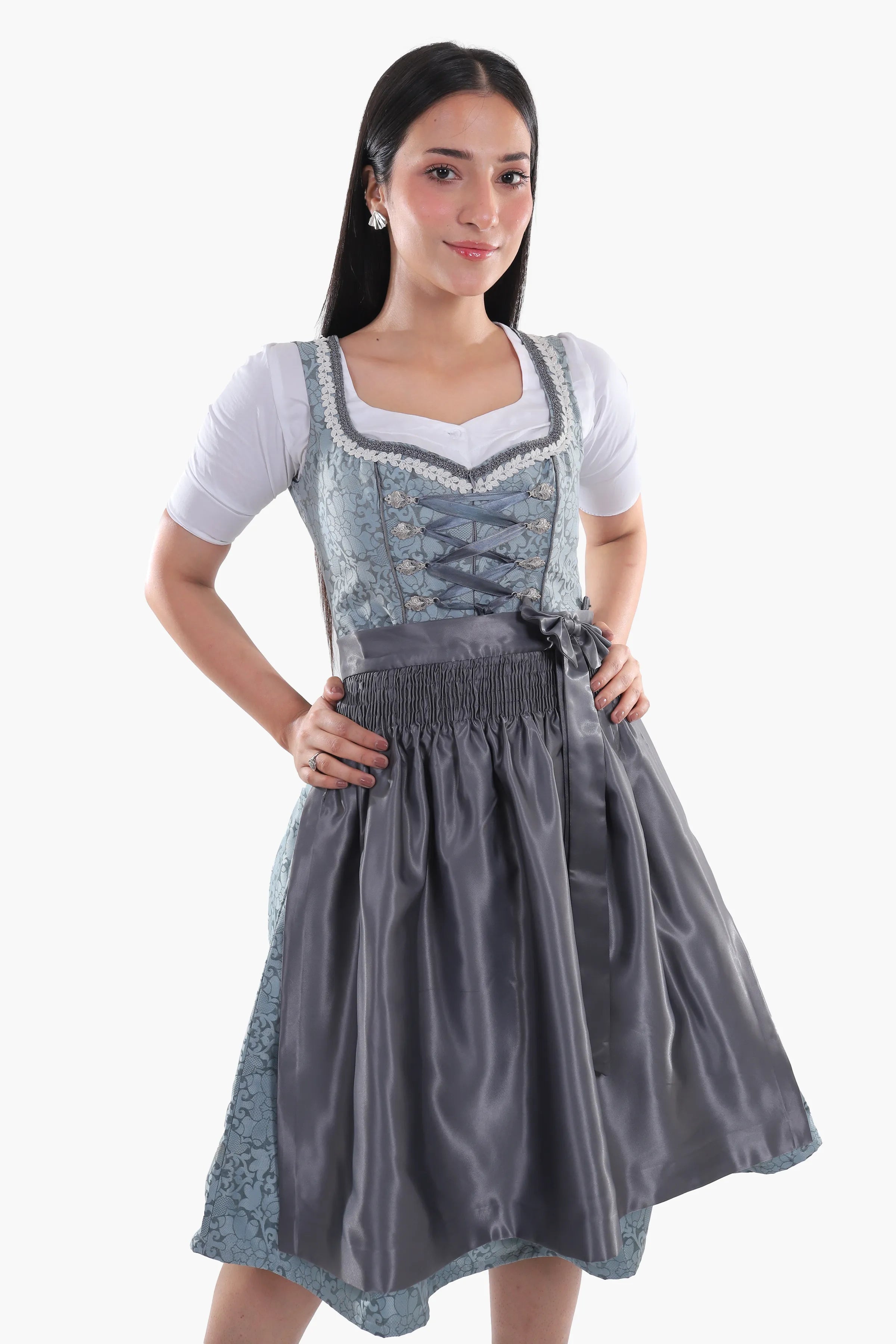 Midi Dirndl Dress Luxury Slate Blue Elegance