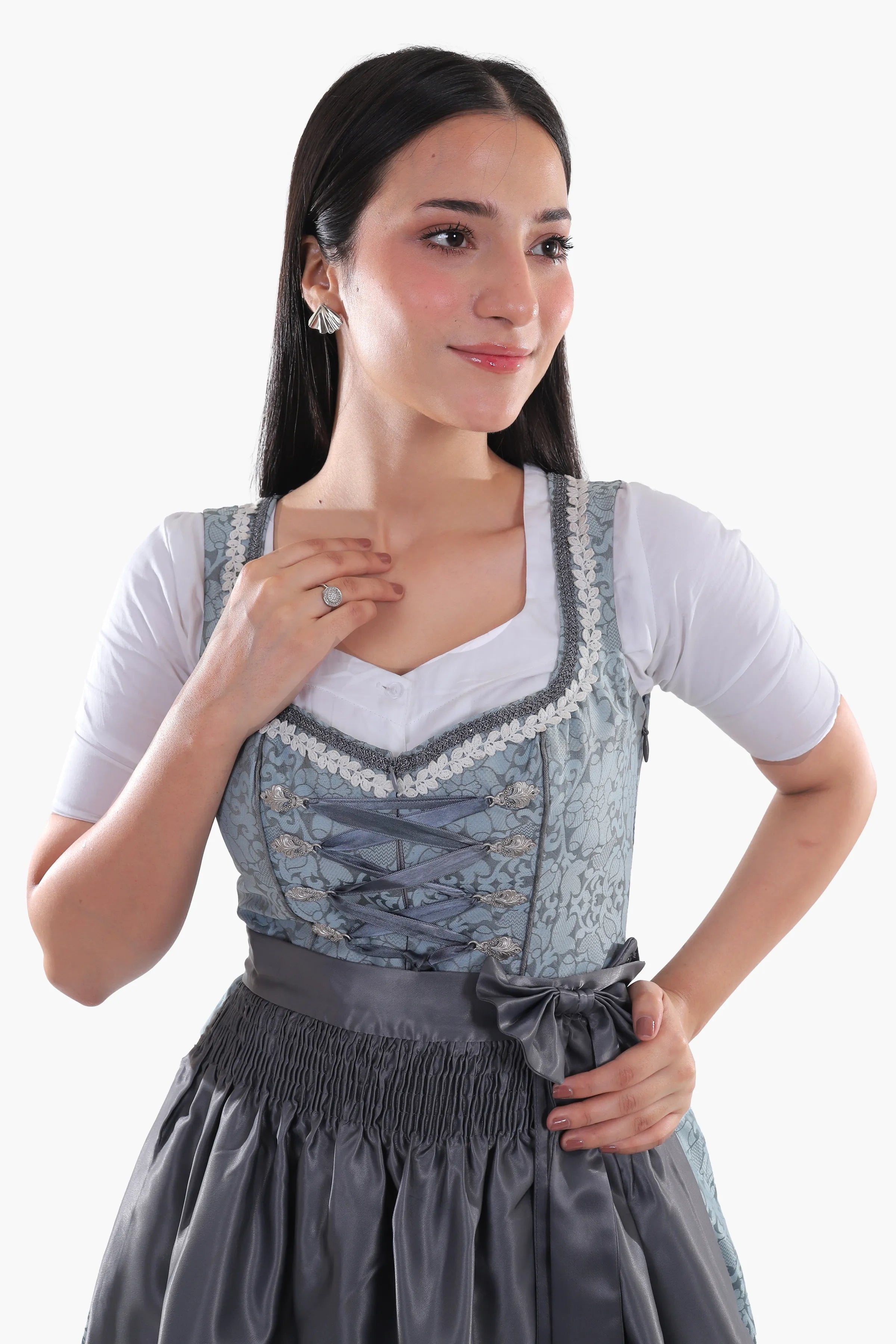 Midi Dirndl Dress Luxury Slate Blue Elegance
