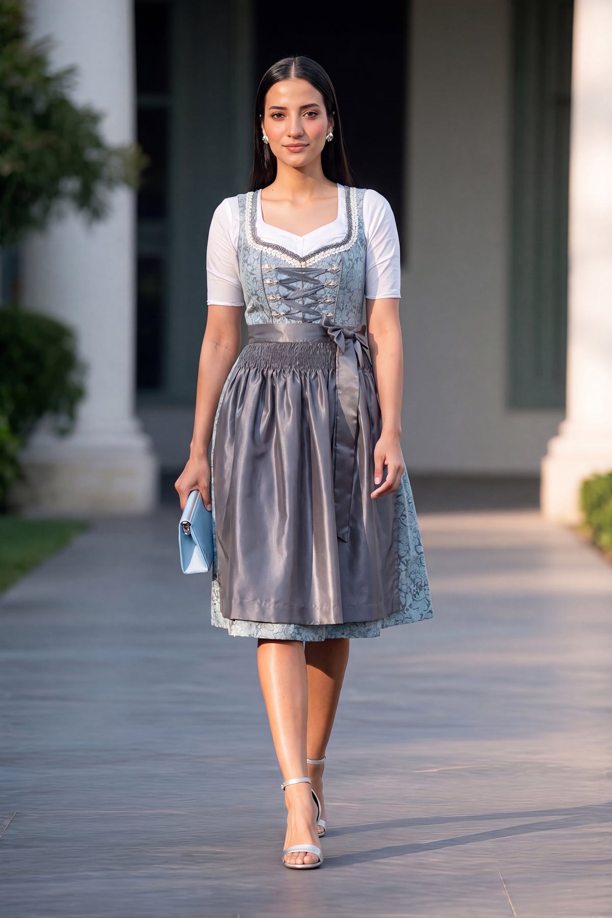 Midi Dirndl Dress Luxury Slate Blue Elegance
