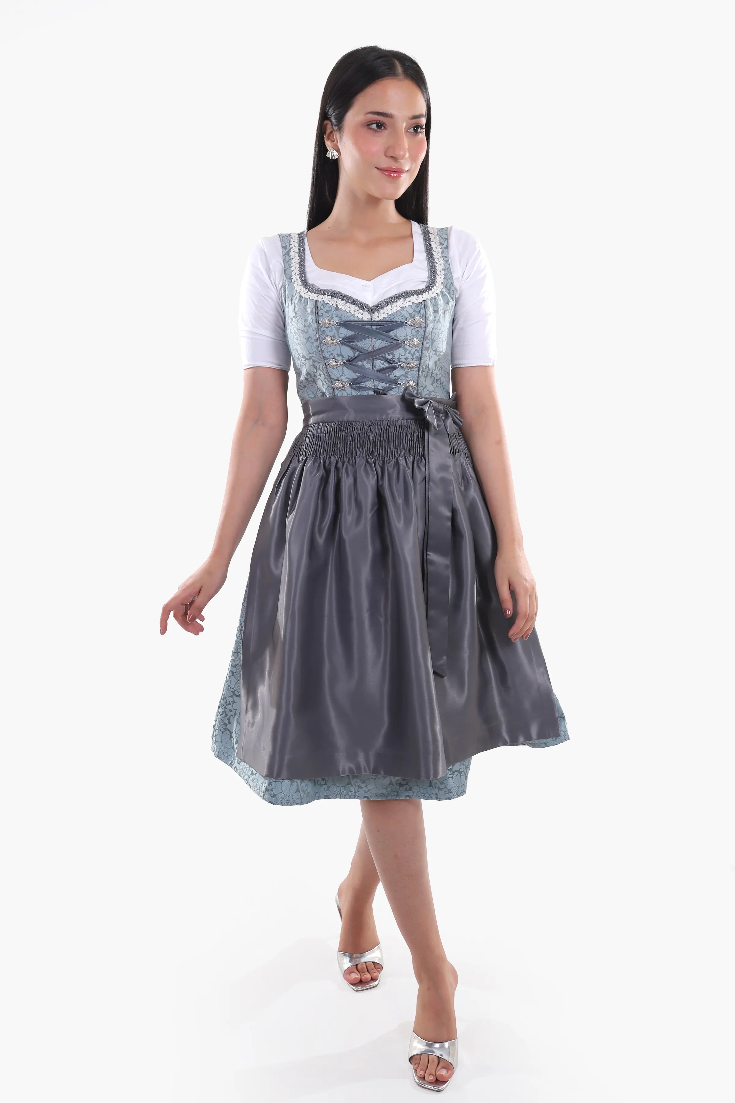 Midi Dirndl Dress Luxury Slate Blue Elegance