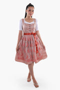 Woman wearing a traditional outfit with a pink dress and white top on a white background