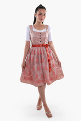 Dusty rose Oktoberfest dirndl dress with a floral lace apron, jacquard bodice, button-front design, and authentic Bavarian Trachten styling for women
