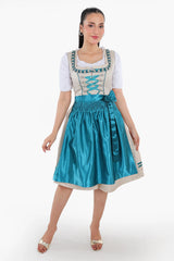 Ivory and teal Bavarian dirndl dress with a turquoise satin apron, lace-up bodice, and traditional German design for Oktoberfest