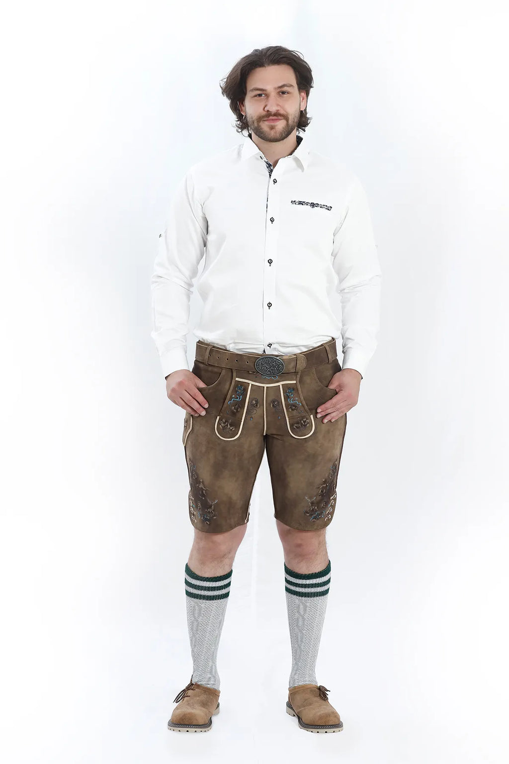 Lederhosen Men in Smoke brown Color with Traditional Multicolor Embroidery.
