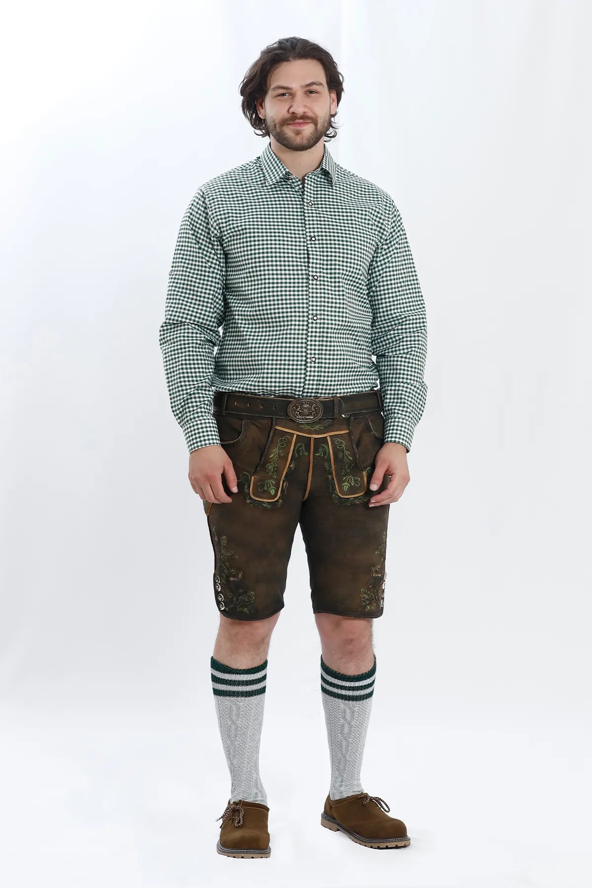 Lederhosen Men with Traditional Green Deer Embroidery.