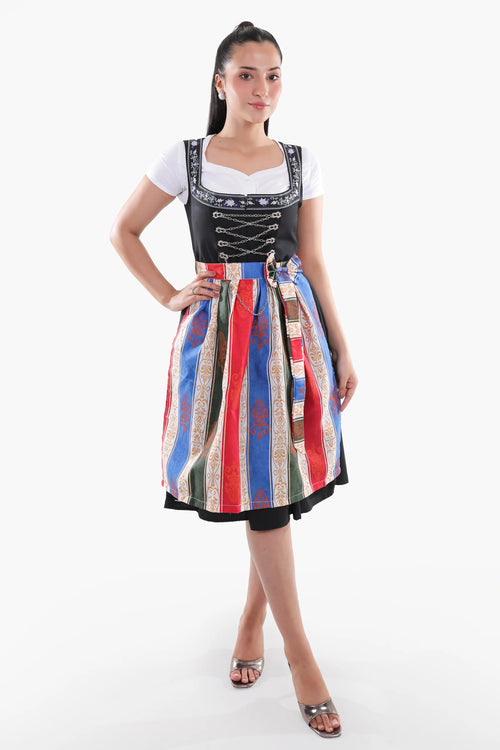 Women's black German dirndl dress featuring an embroidered bodice, vibrant striped apron, and authentic Oktoberfest Trachten design