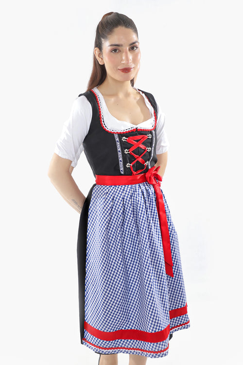 Denim blue midi German dirndl dress with a blue gingham apron, red satin ribbon accents, and traditional Bavarian design for Oktoberfest
