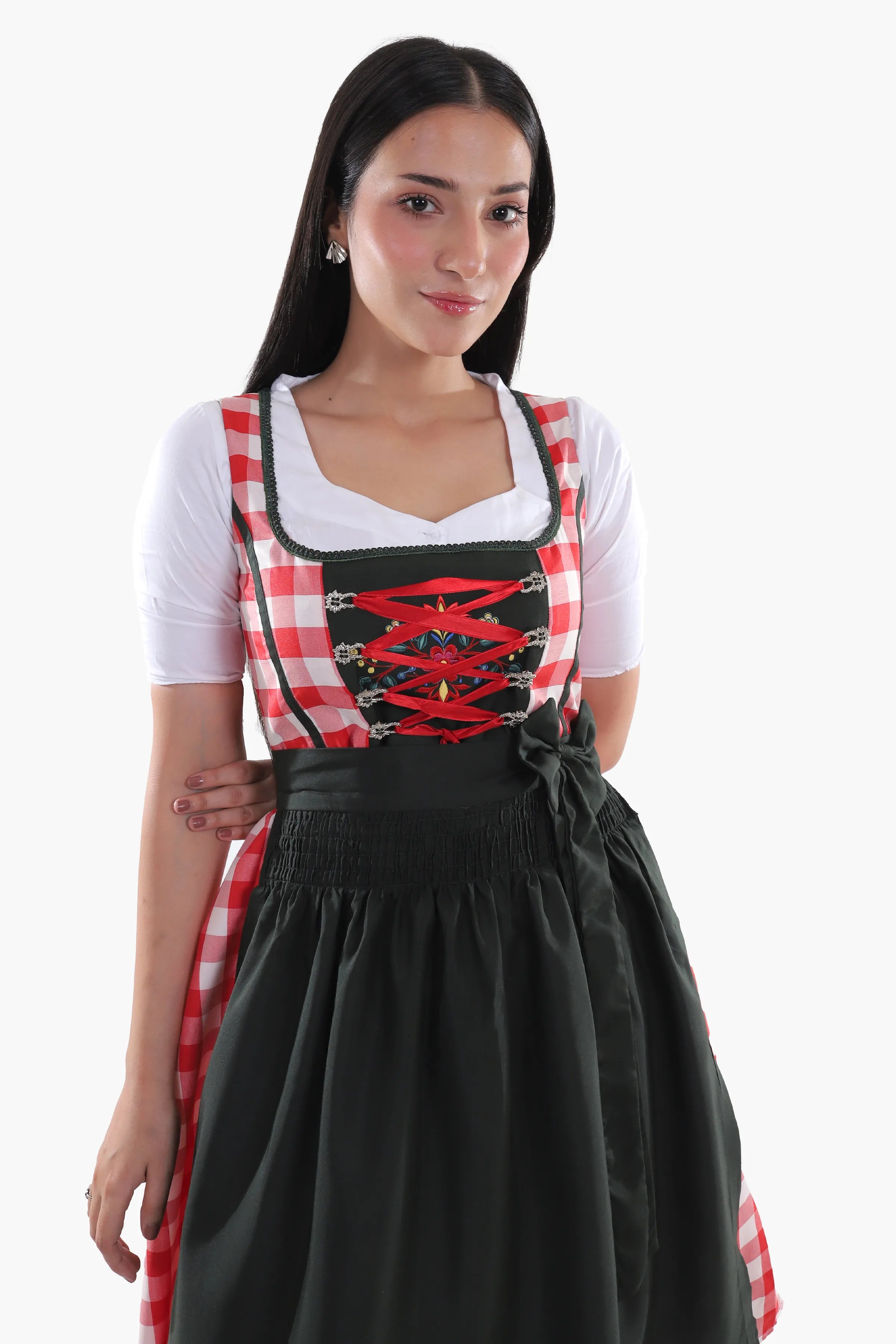 Red Checkered Bodice Traditional Dirndl Dress