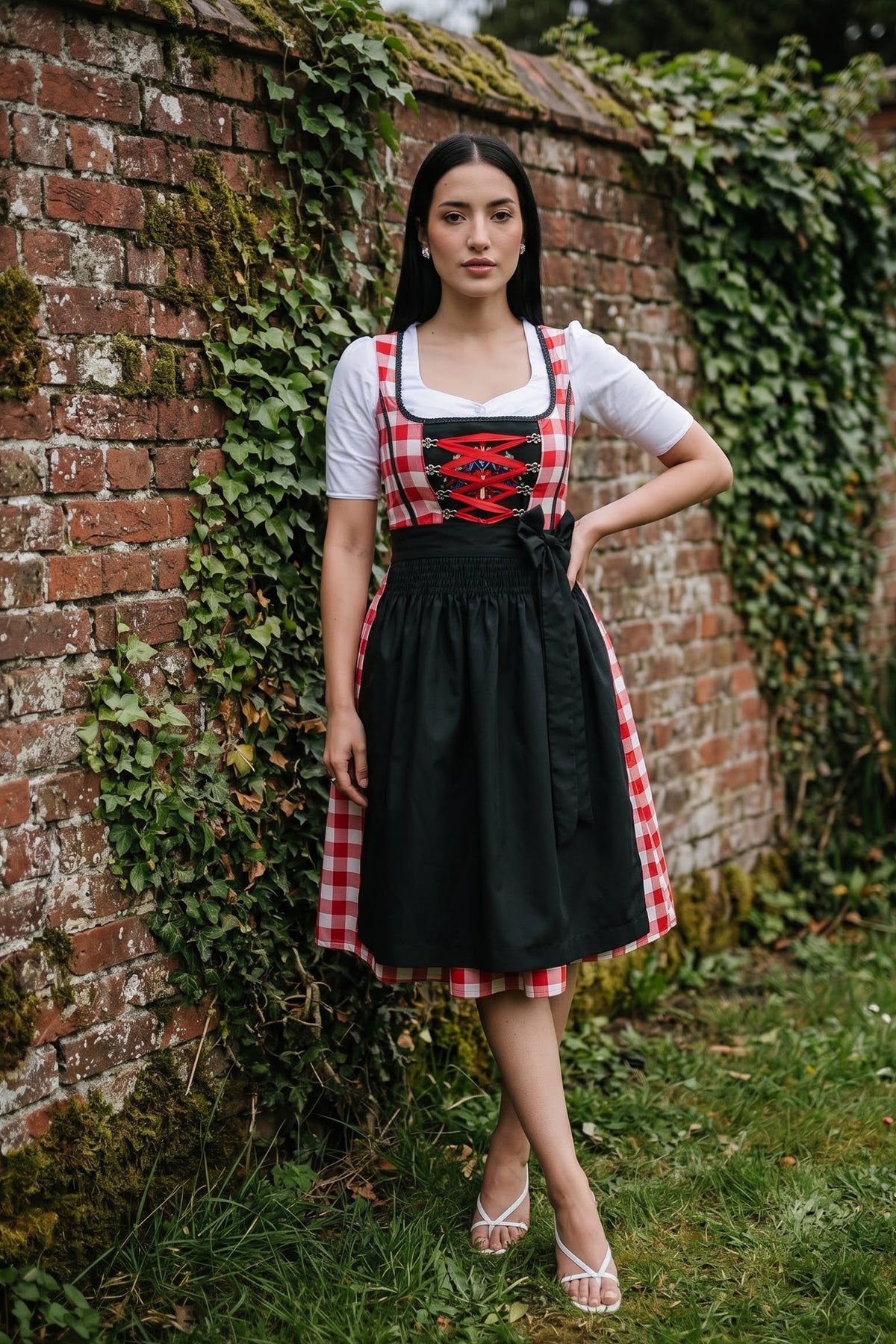 Red Checkered Bodice Traditional Dirndl Dress