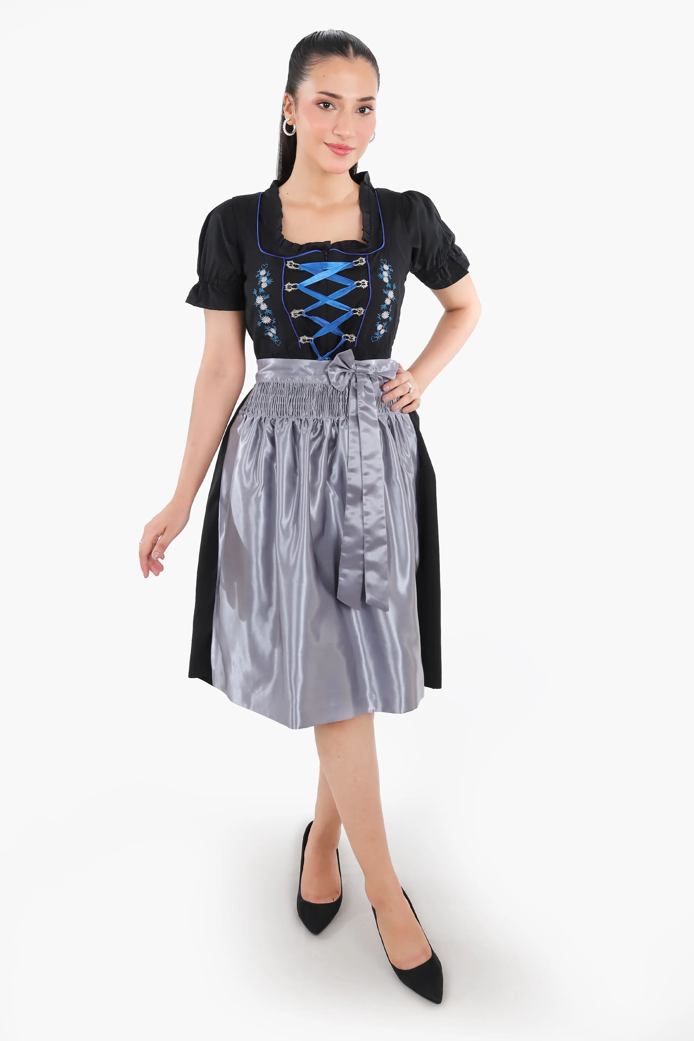Black Dirndl Dress Blue Embroidery Charm 2XL
