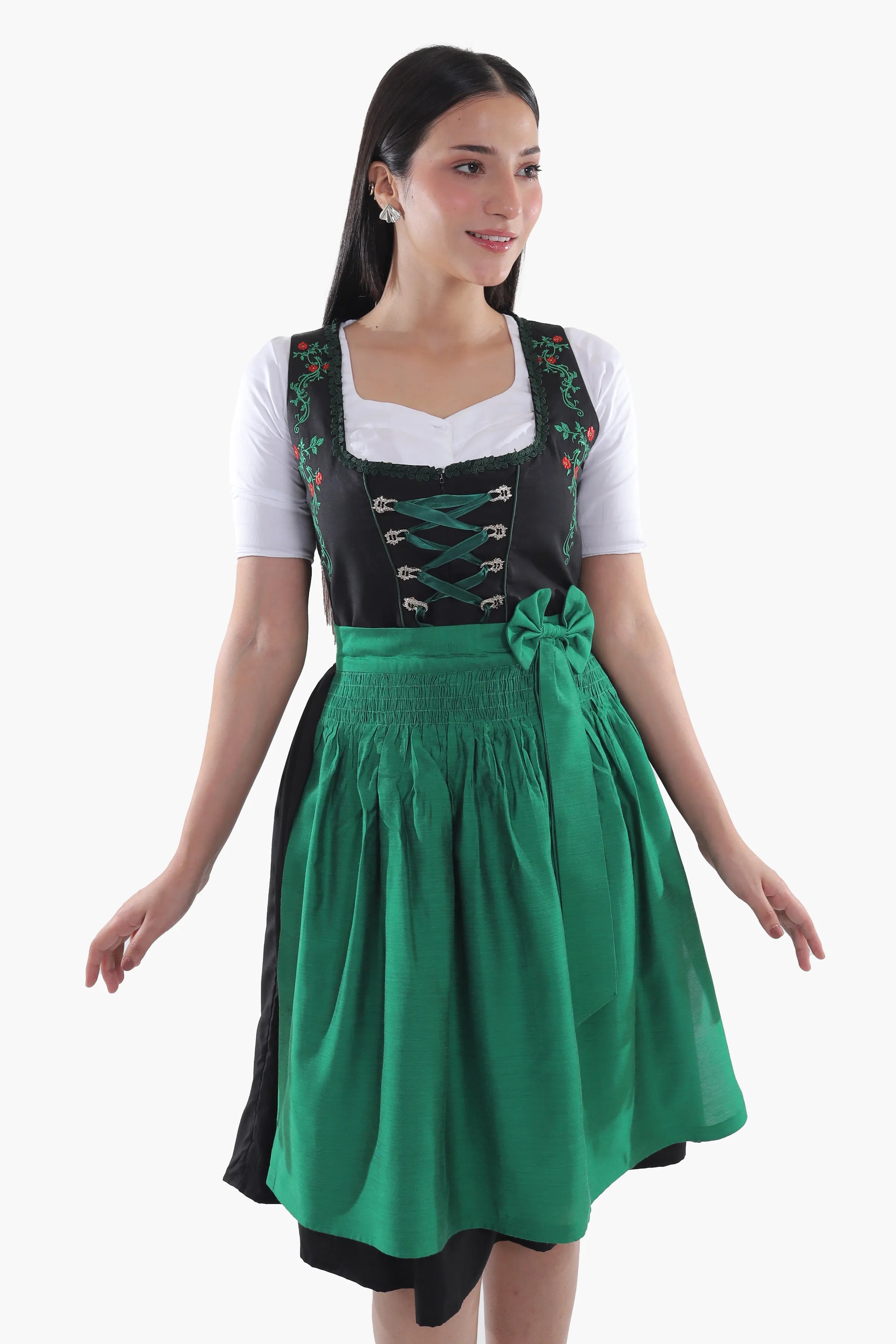 Traditional Black Midi Dirndl with Emerald Embroidery