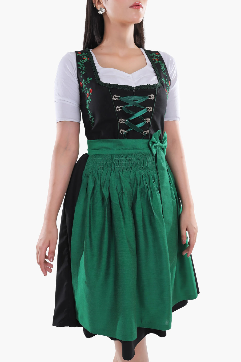 Traditional Black Midi Dirndl with Emerald Embroidery