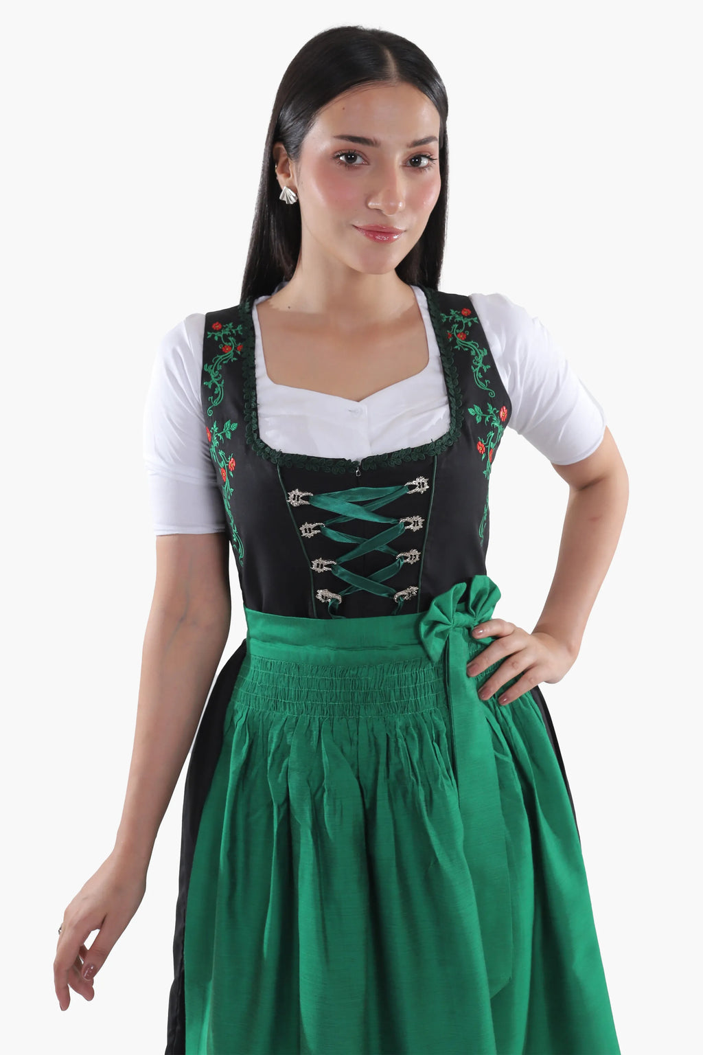 Traditional Black Midi Dirndl with Emerald Embroidery