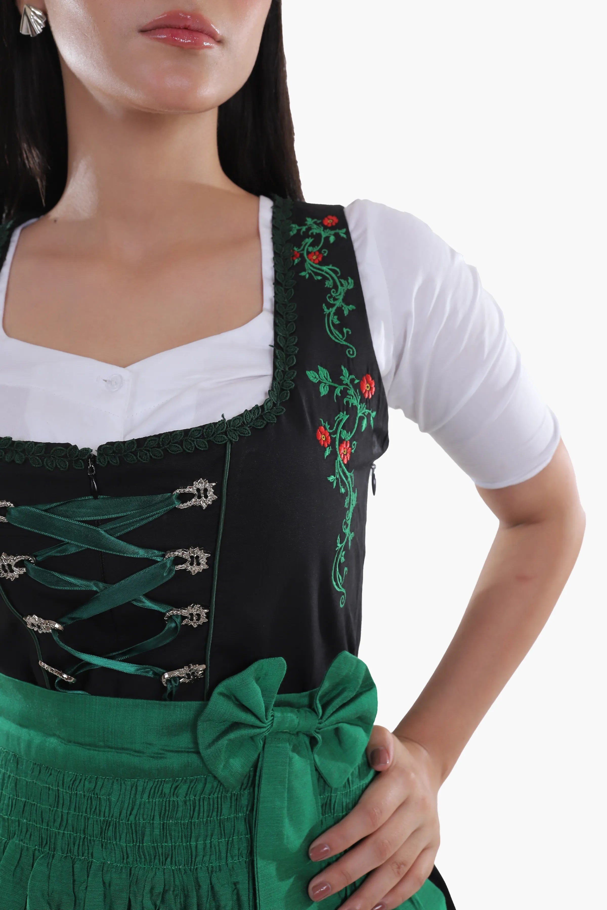 Traditional Black Midi Dirndl with Emerald Embroidery