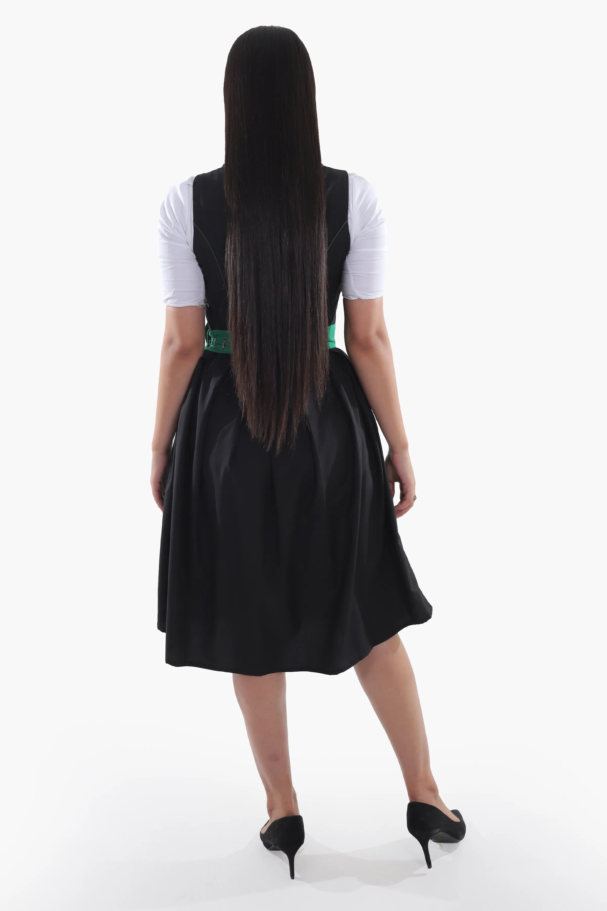 Traditional Black Midi Dirndl with Emerald Embroidery