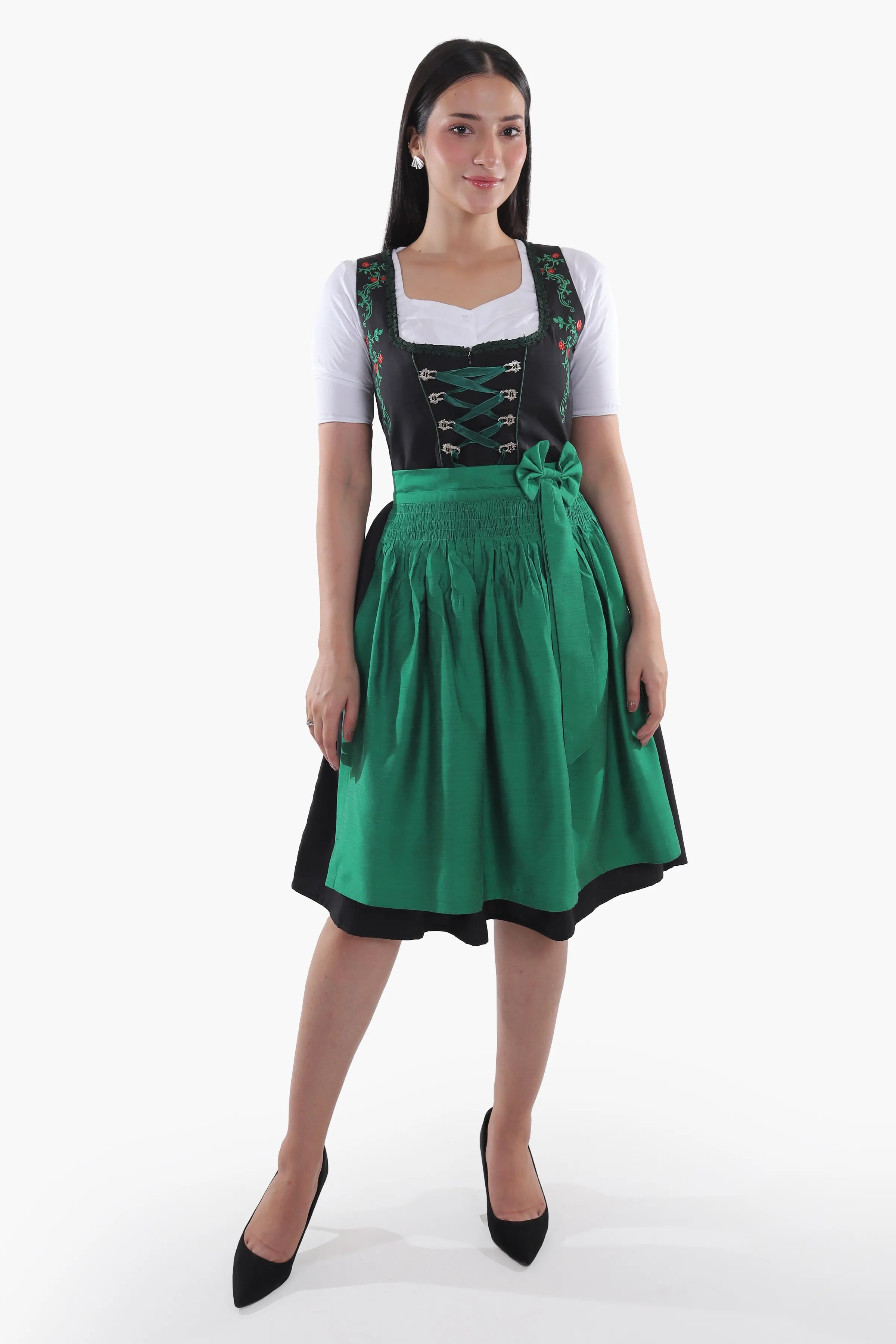 Traditional Black Midi Dirndl with Emerald Embroidery XS