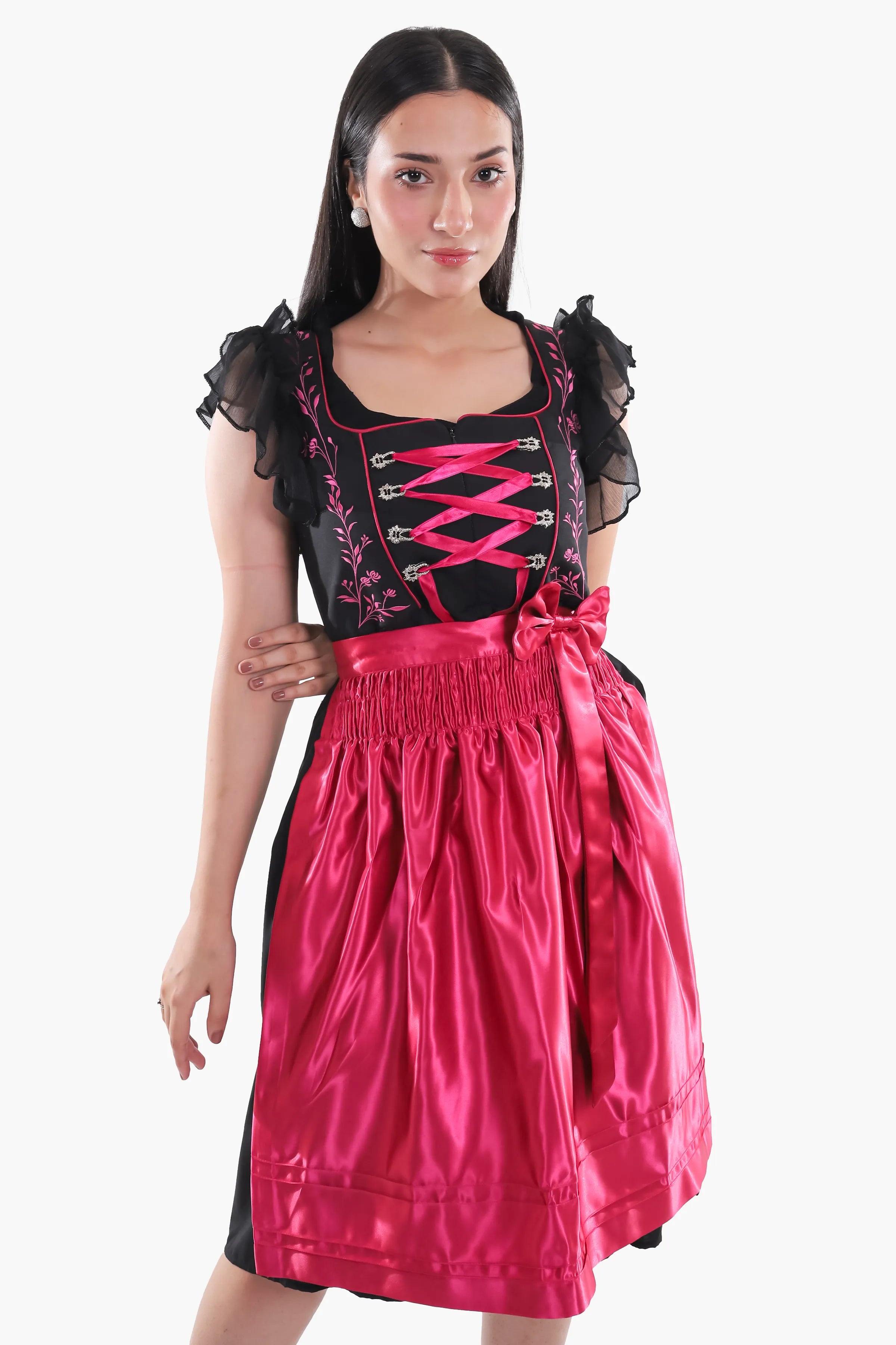 Midnight Black Dirndl Fuchsia Floral Seduction