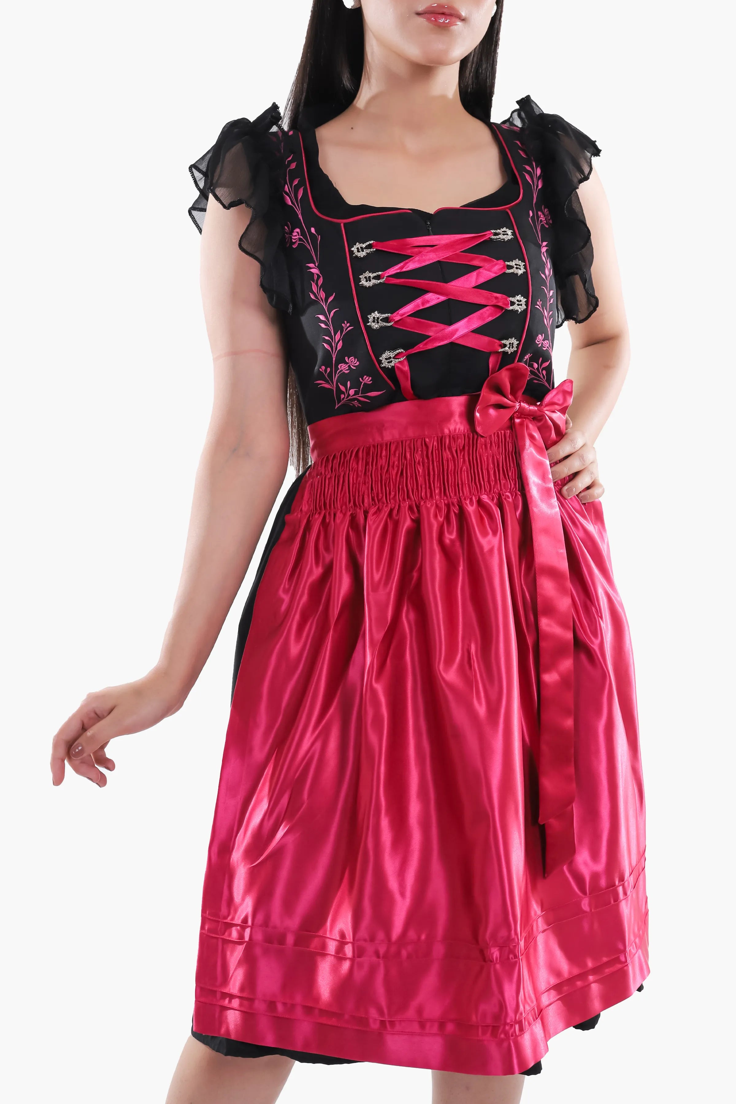 Midnight Black Dirndl Fuchsia Floral Seduction