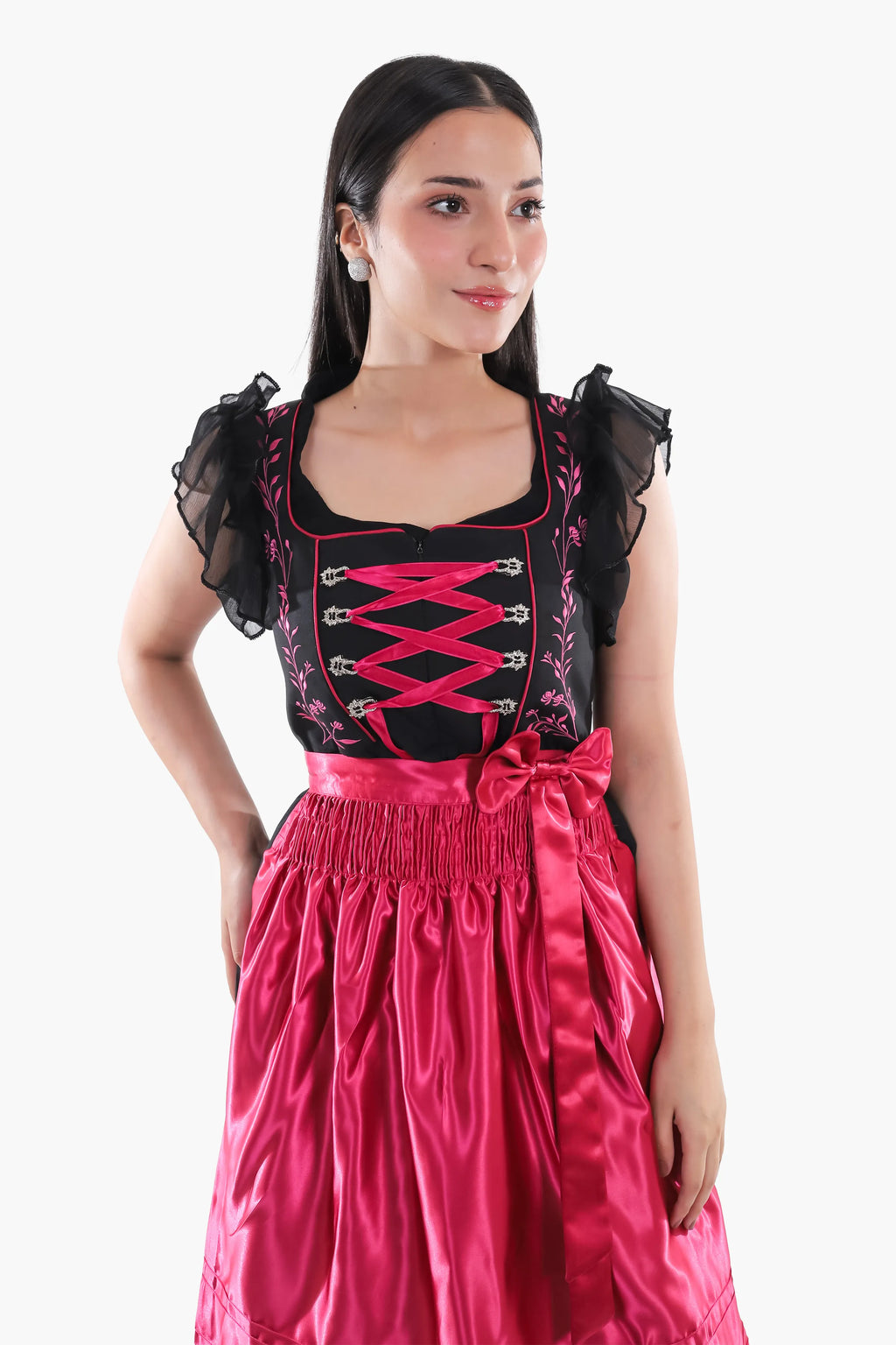 Midnight Black Dirndl Fuchsia Floral Seduction