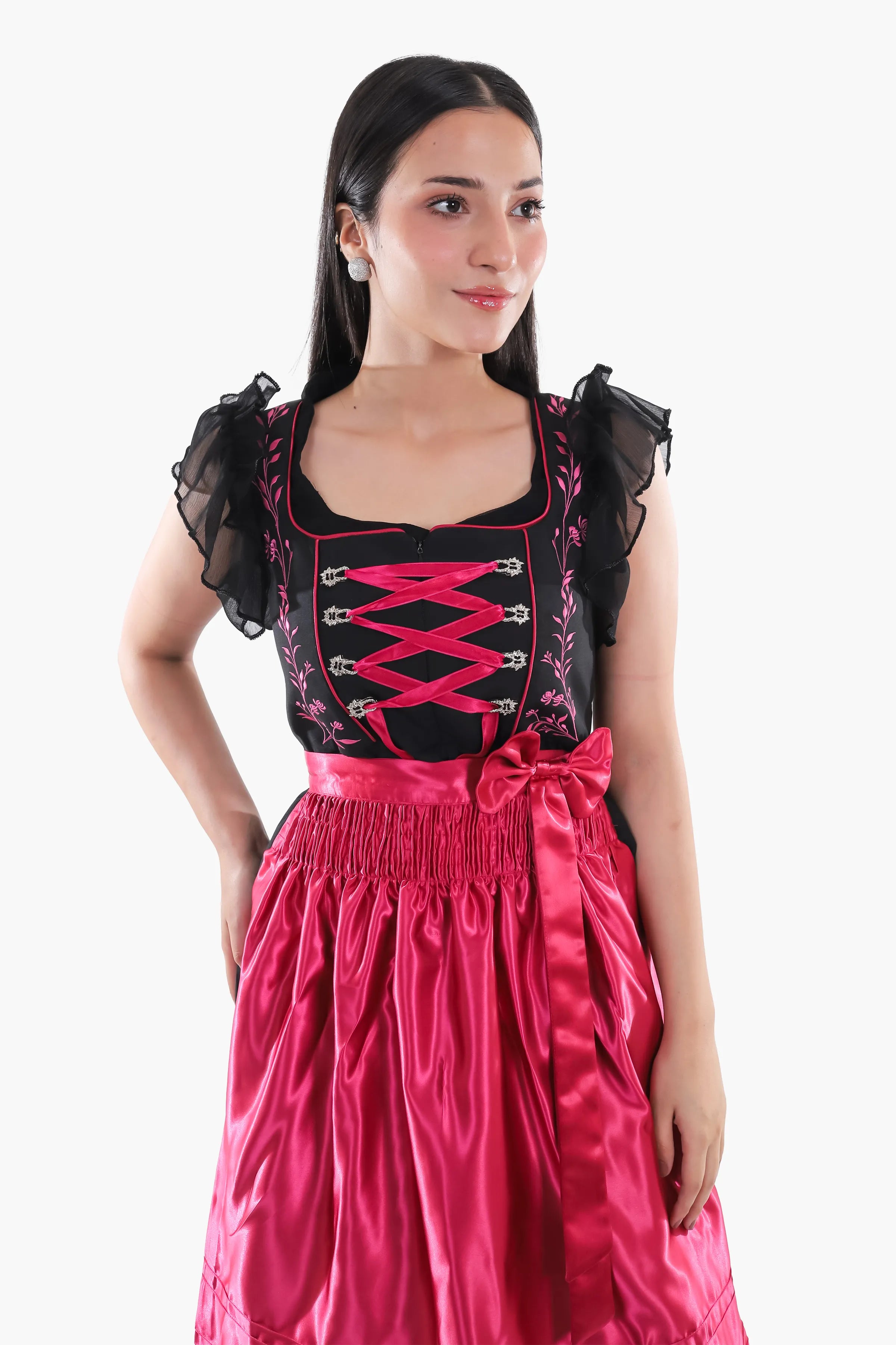 Midnight Black Dirndl Fuchsia Floral Seduction