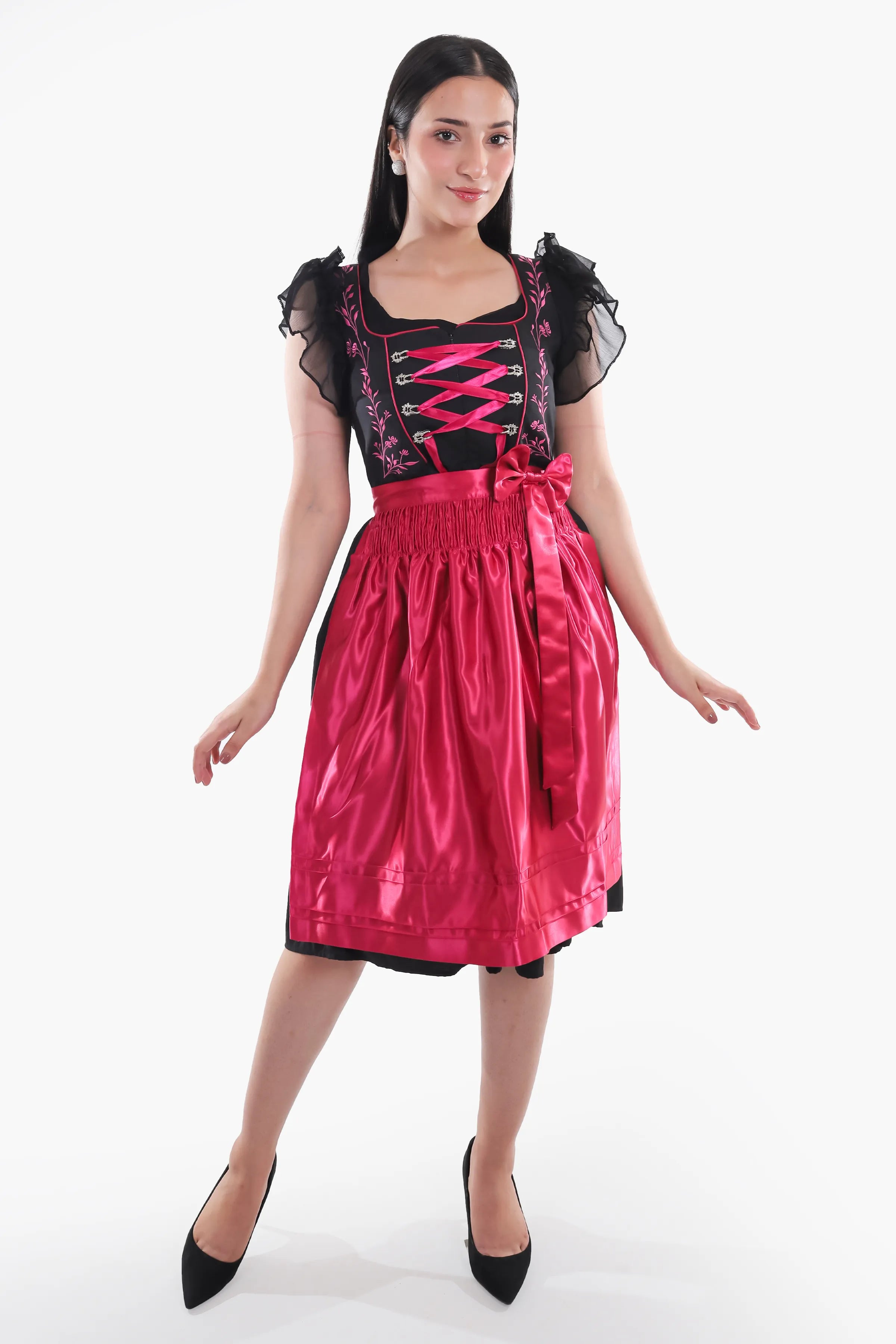 Midnight Black Dirndl Fuchsia Floral Seduction