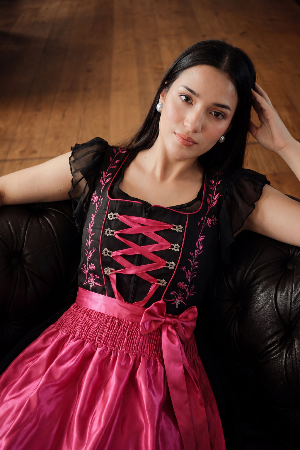 Midnight Black Dirndl Fuchsia Floral Seduction