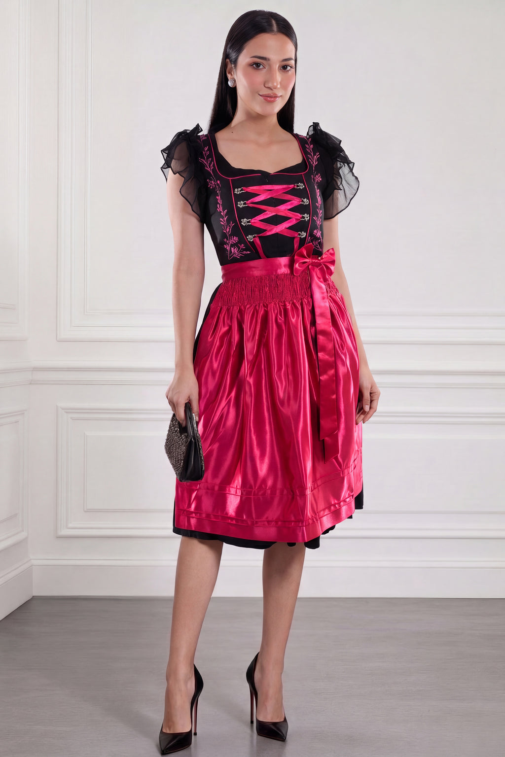 Midnight Black Dirndl Fuchsia Floral Seduction