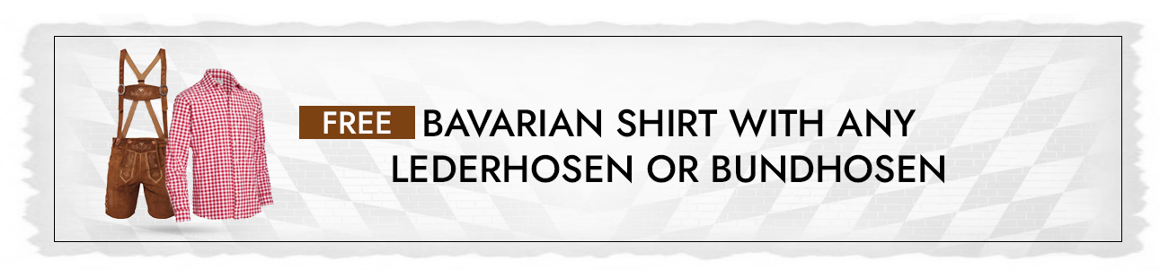 Promotional banner offering a free Bavarian shirt with Lederhosen or Bundhosen purchase.