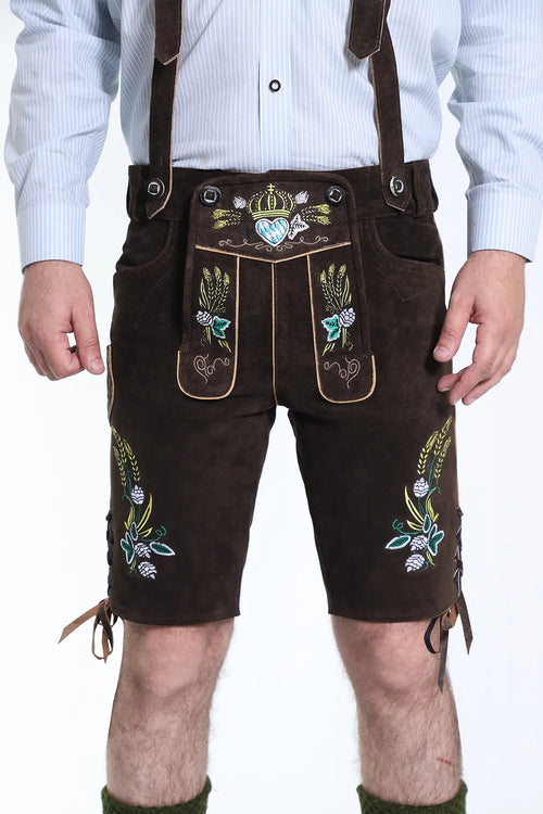 Dark brown leather shorts with gold wheat embroidery, royal crest bib, and tan trim throughout