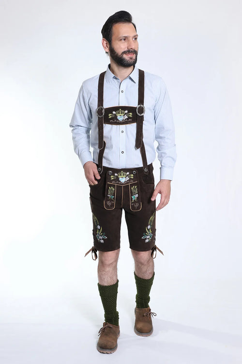 Dark brown leather shorts with gold wheat embroidery, royal crest bib, and tan trim throughout
