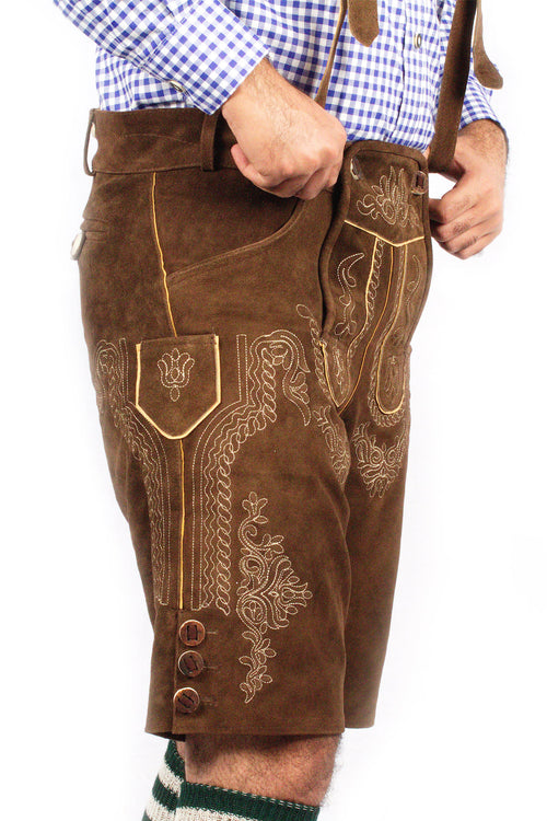 Classic brown lederhosen featuring decorative cream stitching, traditional side lacing, and metal buttons