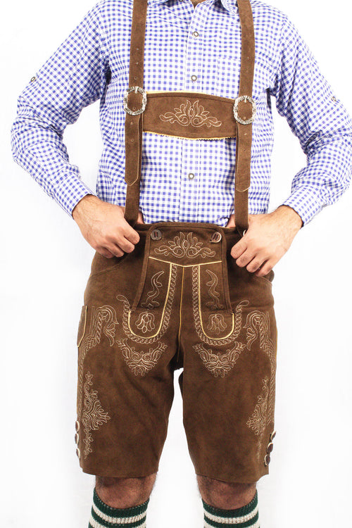 Classic brown lederhosen featuring decorative cream stitching, traditional side lacing, and metal buttons